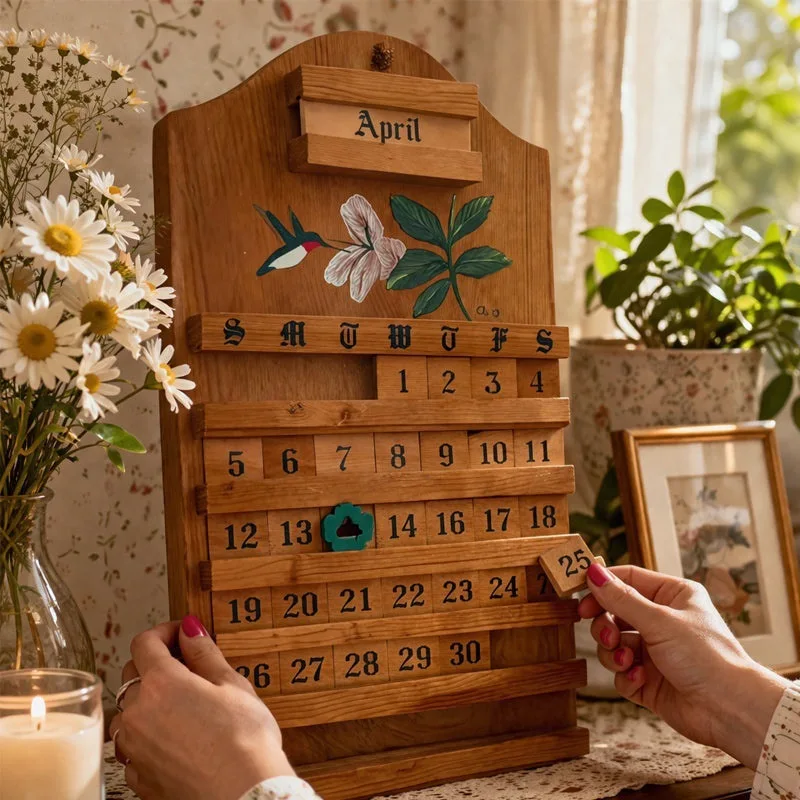 Wooden Perpetual Calendar Wall Decor,DIY Assemble Hummingbird Flower Pattern Month Date Planner, Handmade Hanging Calendar