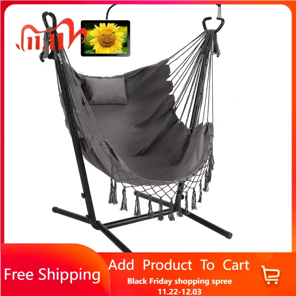 Hammock with Stand Phone Holder Included Double Hanging Chair Macrame Boho Handmade Adjustable Swing Indoor Outdoor Patio Yard