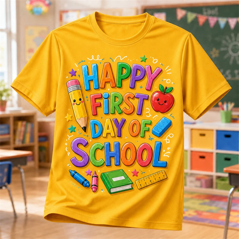 Happy First Day Of School Cartoon T Shirt Men Pencil Book 3d Print Short Sleeve O Neck Kids Back To School Casual Tees Unisex