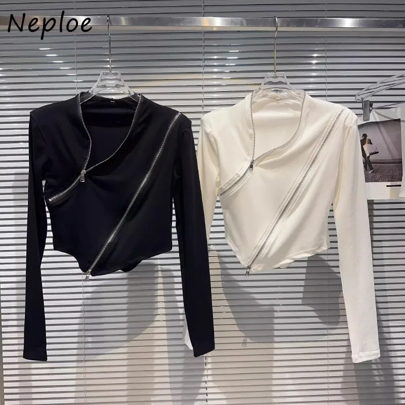 Neploe Fashion Street Skew Collar Zipper T-shirts Spring Summer New Slim Fit Tee Shirt Y2k Long Sleeve Blak Tops Women