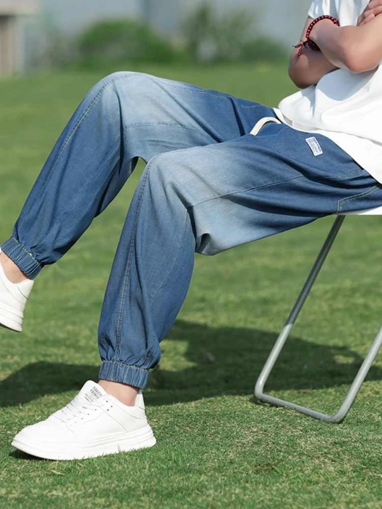 

Мужские летние тонкие джинсы из денима Ice Silk, американские джинсы с градиентным цветом, свободные брюки-шаровары, молодежная мода