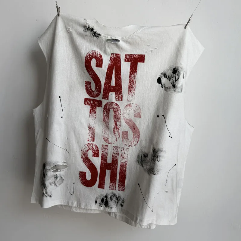 Vintage Worn Ripped Cutoff Vest Unique Black Ink Splash Mark Streetwear SATOSHI NAKAMOTO Sleeveless Tops Man