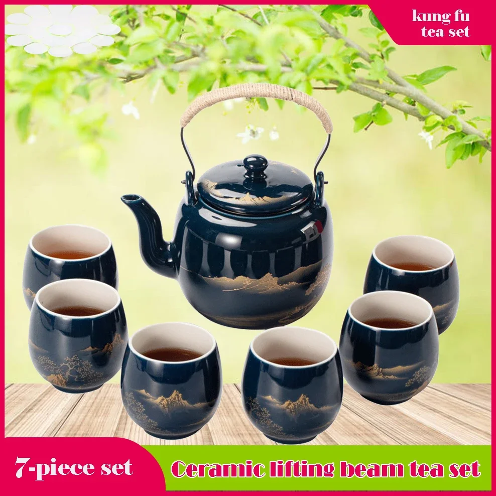 7-Piece Set Japanese Style Ceramic Tea Set Black Glazed Teapot With Tea Strainer Simple Teacup Home Office Gift Tea Service