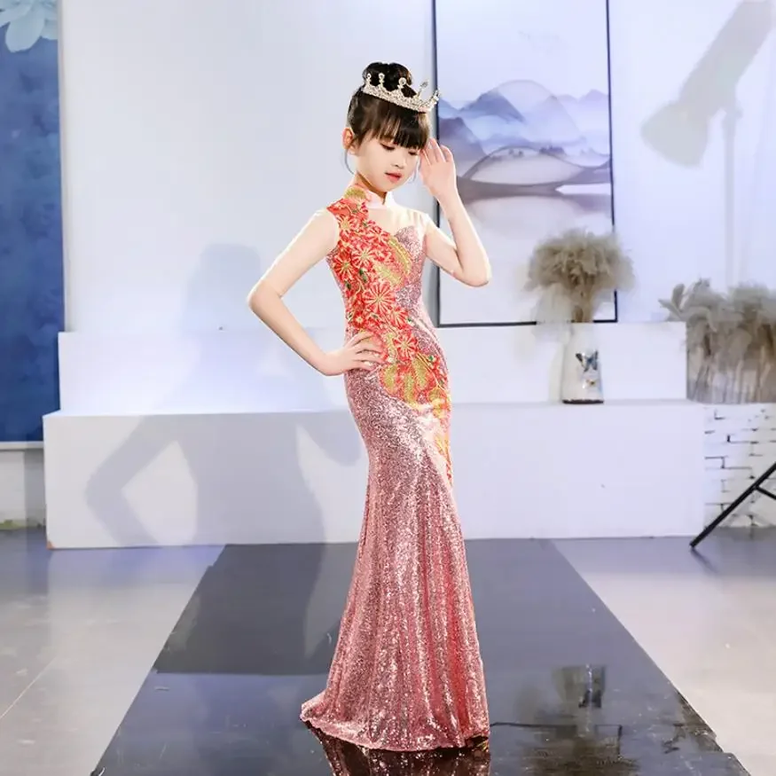 

New children's cheongsam mermaid dress Kids Chinese style Catwalk costume sleeveless sequin print design Modis vestidos Y1544