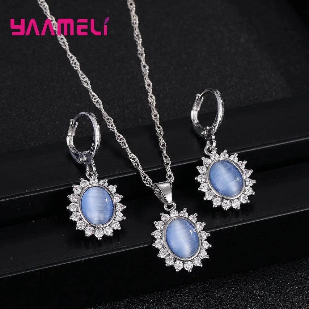 

Роскошное ожерелье из стерлингового серебра 925 пробы с овальным кошачьим глазом и опалом, ожерелье с драгоценными камнями, серьги, комплекты ювелирных изделий, блестящий кулон с цветком из кубического циркона