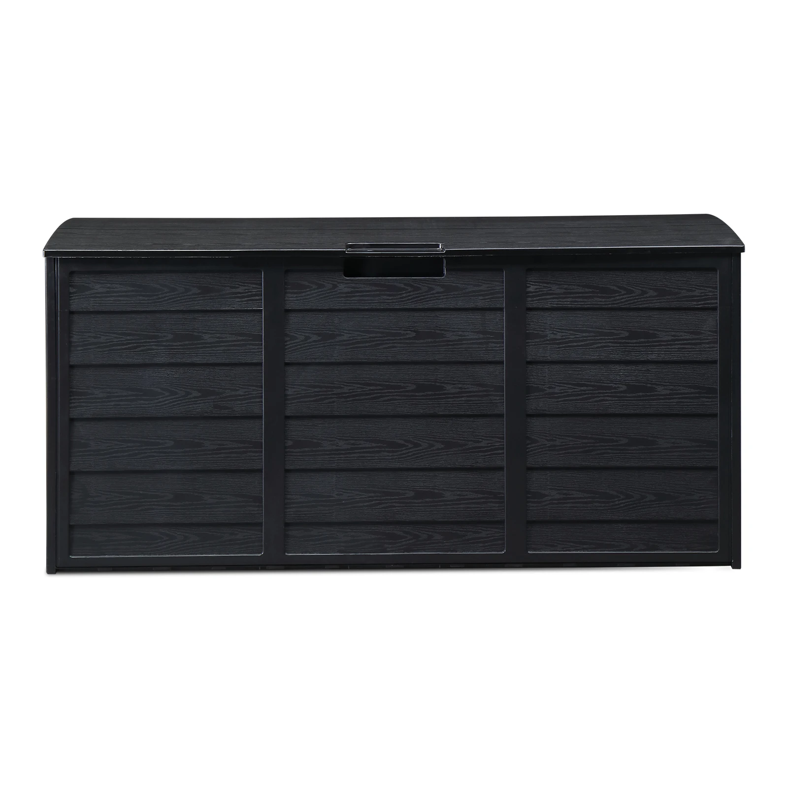 75 Gallon 280L Outdoor Storage Deck Box With 2 Wheels Lockable Weatherproof Plastic Garden Storage Chest Full Wood Grain Black Patio Cushion Pool Tools Storage Bench