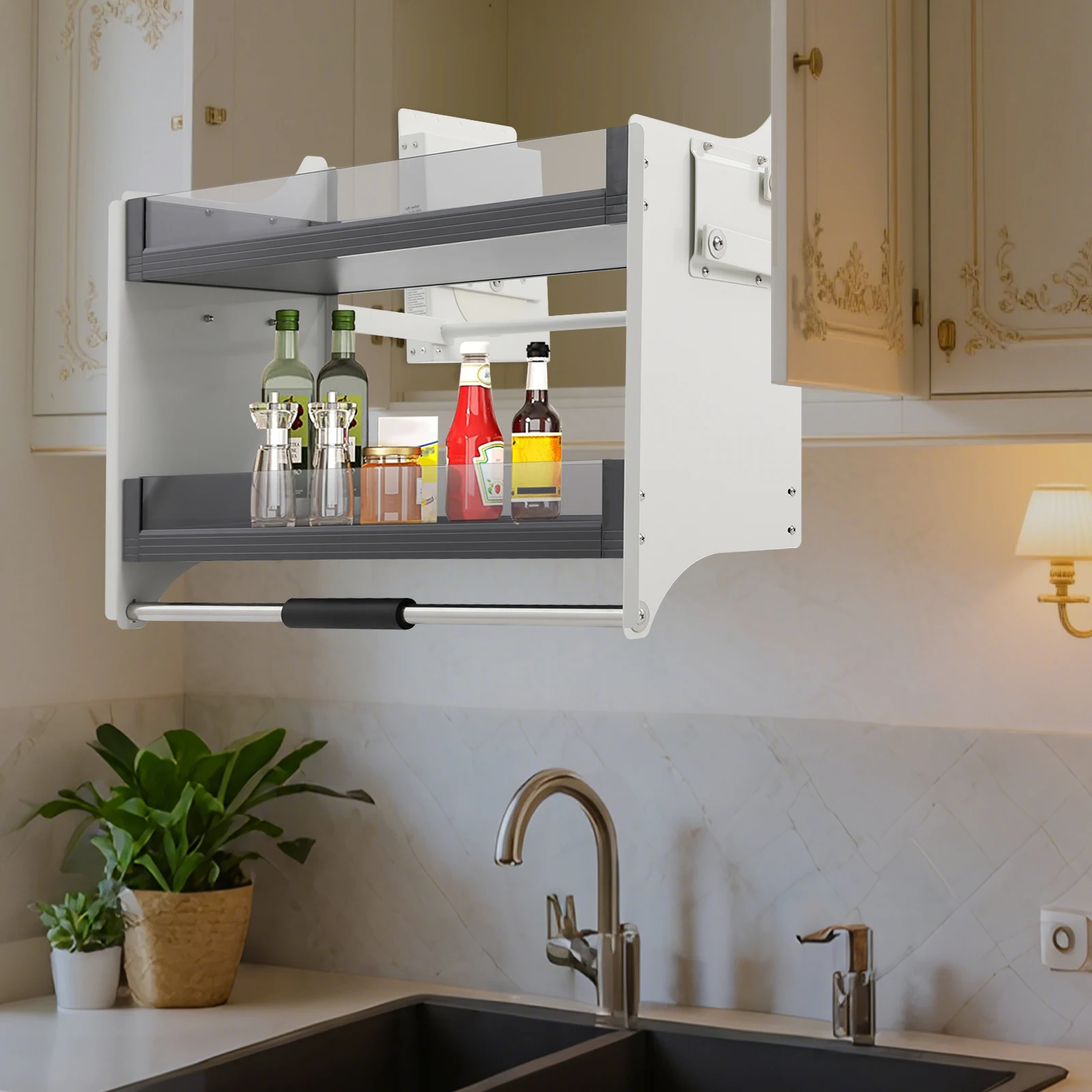풀다운 합금강 선반, 흰색 2단 풀다운 선반 76.4*26*54.3cm 최대 하중 12kg 주방 상단 캐비닛용