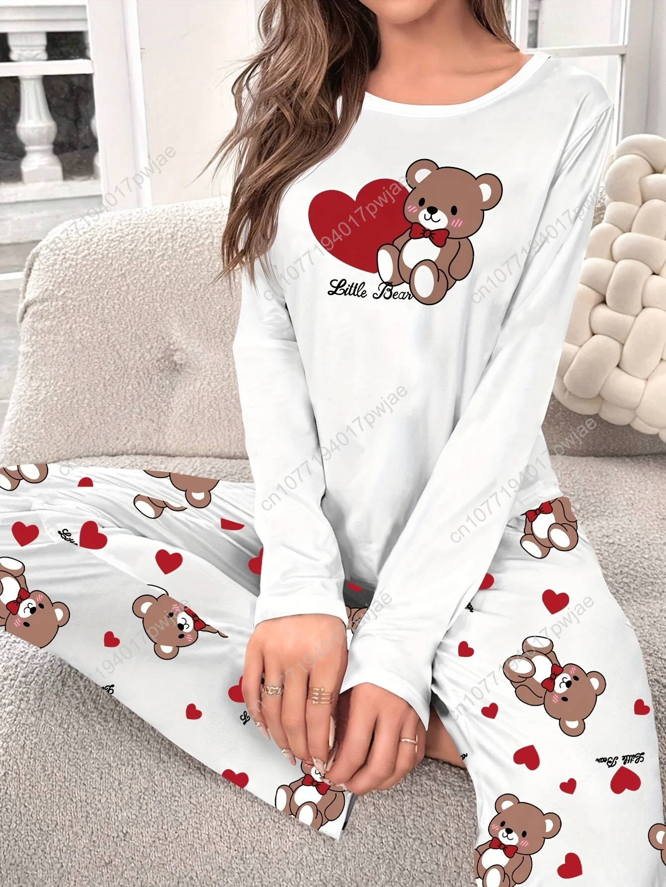 

Women's Long Sleeve Long Pants Pajama Set with Heart Bear Print