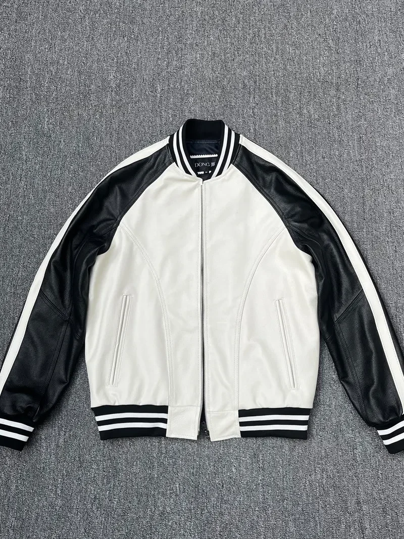 White first layer calfskin leather leather jacket men's baseball jersey loose profile pure leather jacket youth jacket