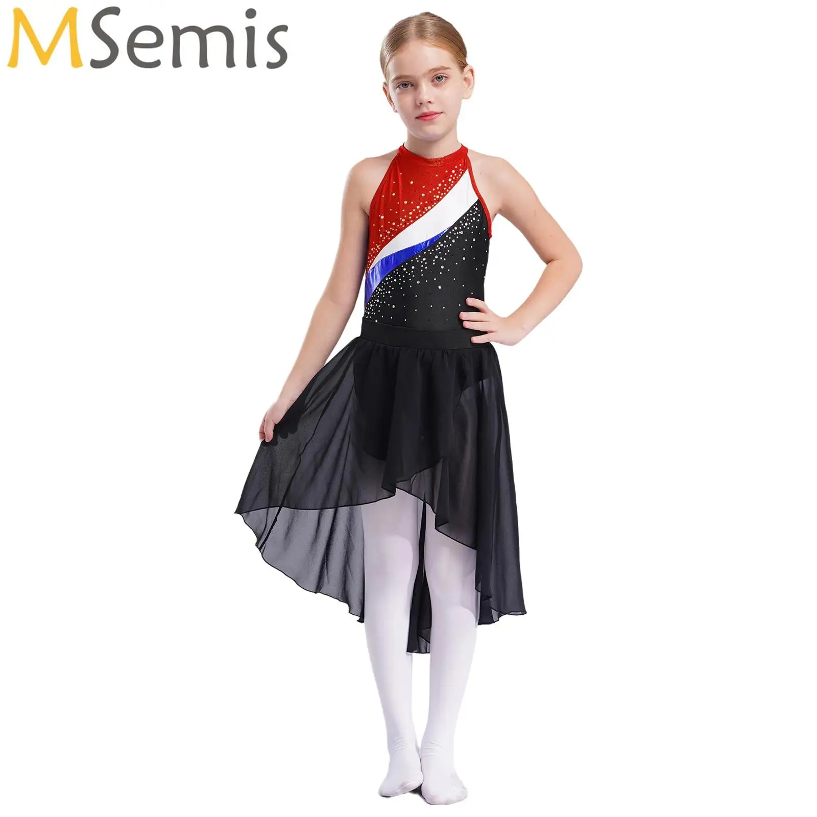 Body da ginnastica per ragazze con strass per bambini Body per pratica di danza classica con gonna Set di cravatte per capelli Pattinaggio di figura Unitard Dancewear