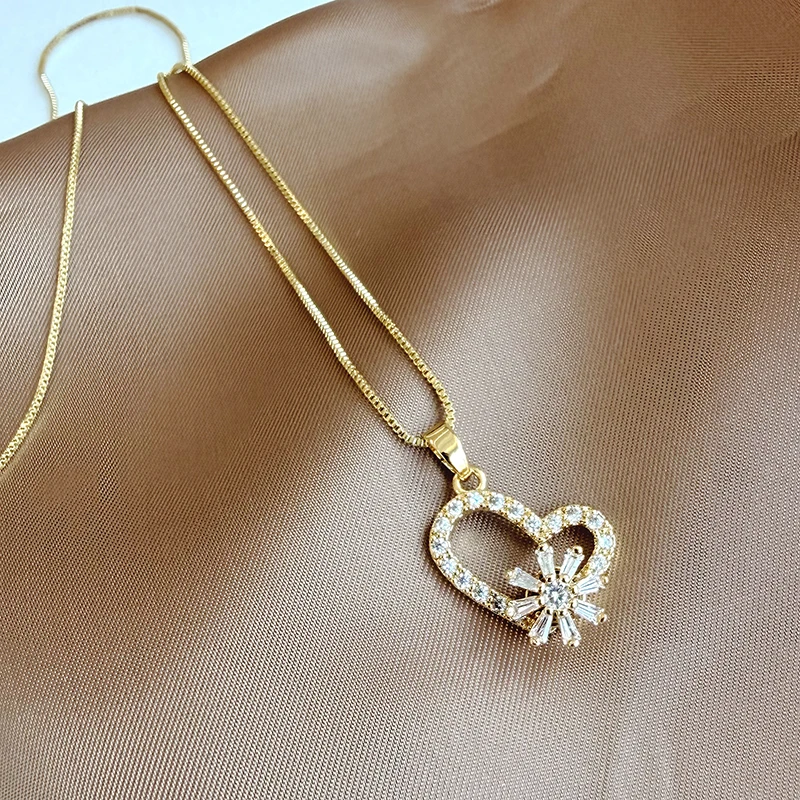 Goldfarbene Kette, herzförmige Auswahl, Schneeflocken-Anhänger-Halskette für Herbst/Winter, Damen-Modeschmuck, sexy Schlüsselbeinkette – Detail 6
