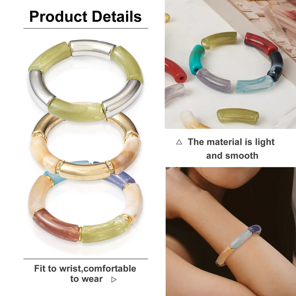 Acrylic Bead Curved Tube Beads for Jewelry DIY Craft Stretch Bracelets Making Supplies Kit with Loose Spacer Bead Elastic Thread image 2