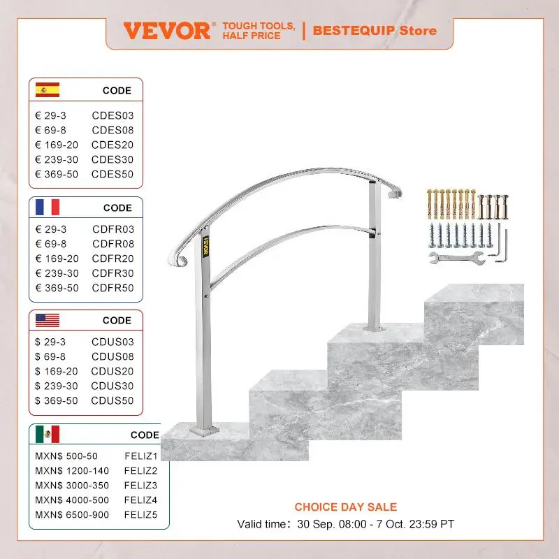 

VEVOR Wrought Iron Handrail Fits 1 or 5 Steps with Installation Kit Hand Rails for Outdoor Steps Transition Handrail Stair Rail