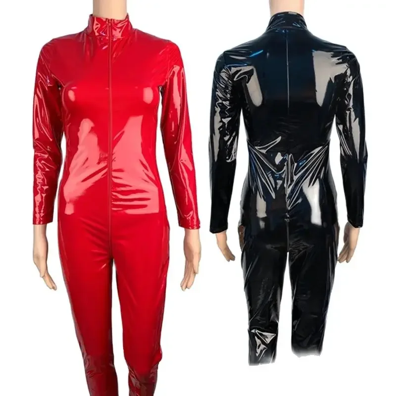 

Large Size PU Leather Catsuit Faux Leather Women Jumpsuits Black wetlook PVC Bodysuit Sexy Bodycon Erotic Open Crotch clubwear