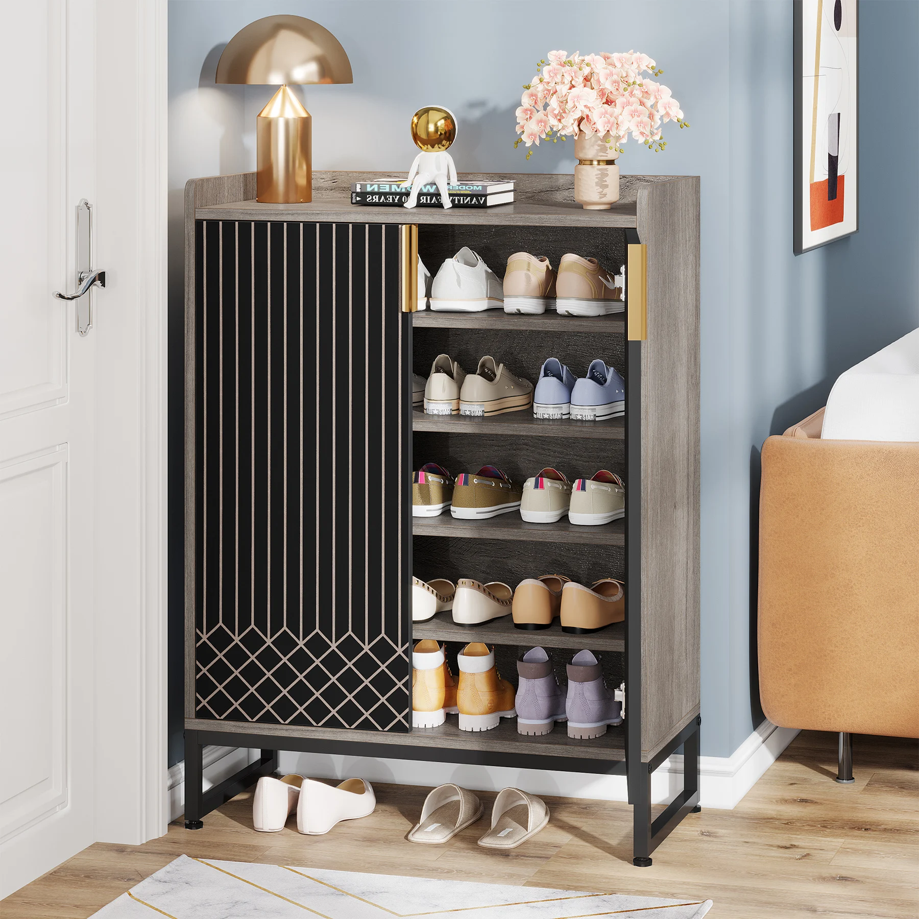 Tribesigns Shoe Cabinet with Doors, Grey 5 Tiers Shoe Storage Cabinet for Entryway, 25 Pairs Wooden Shoe Rack Cabinet