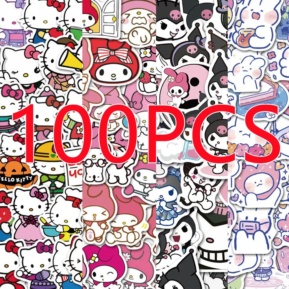 MINISO 100pcs Kawaii My Melody Kuromi Kitty Cat Stickers for Kids Girls DIY Laptop Phone Diary Cute Cartoon Sanrio Sticker