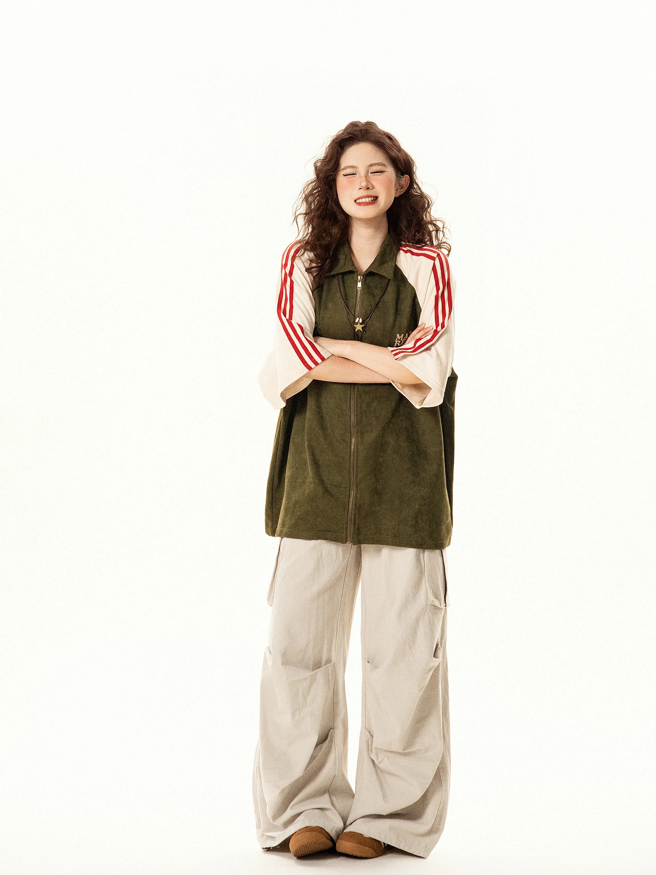 

Street Sle Loose Fit Zipper ort Sve Women's irt Versatile Casual American Retro Design Summer Faion Ladies' irt