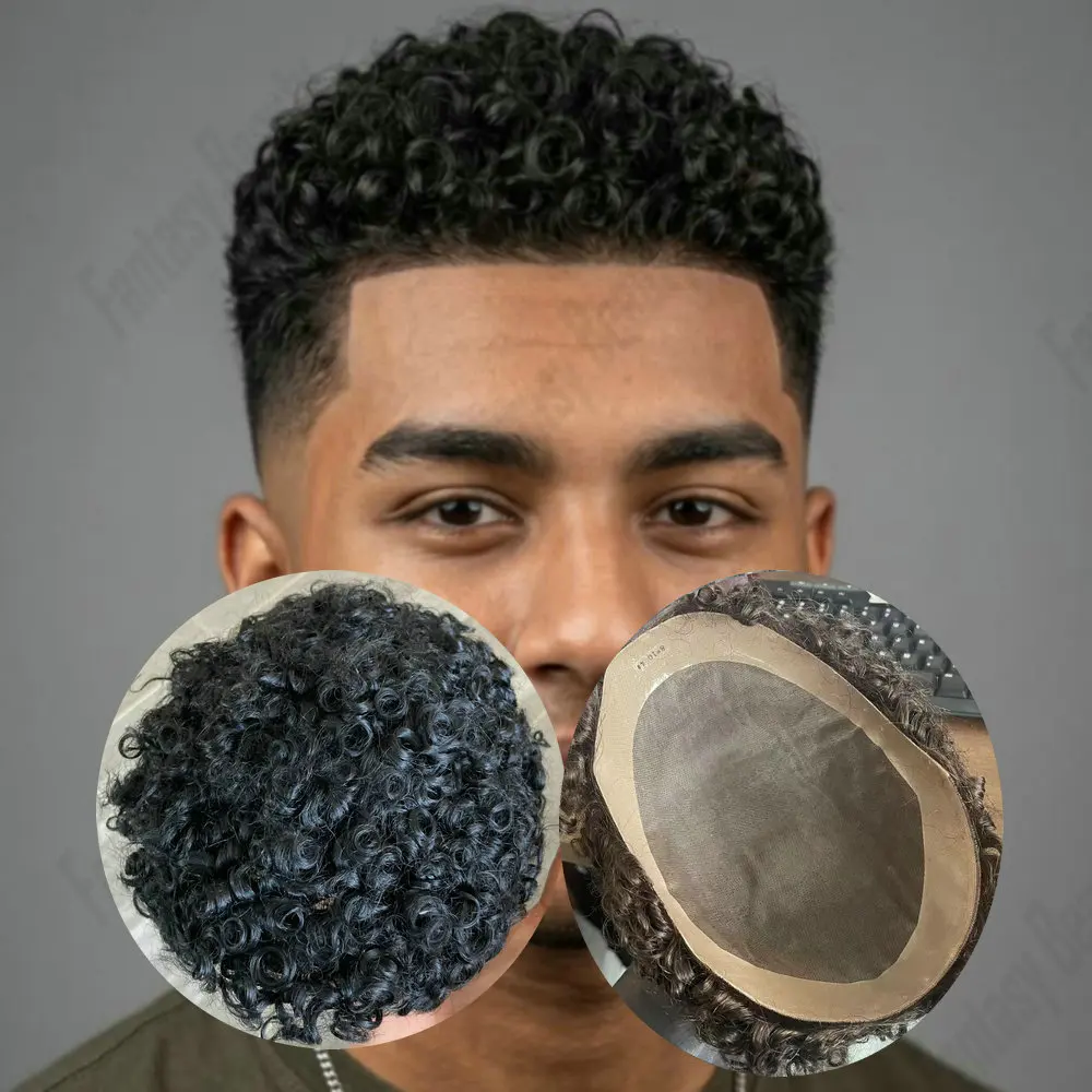 18mm Curly European Human Hair Toupee for Men Durable Mono NPU Men Hair Replacement System 15mm/20mm Curly Prosthesis Capillary