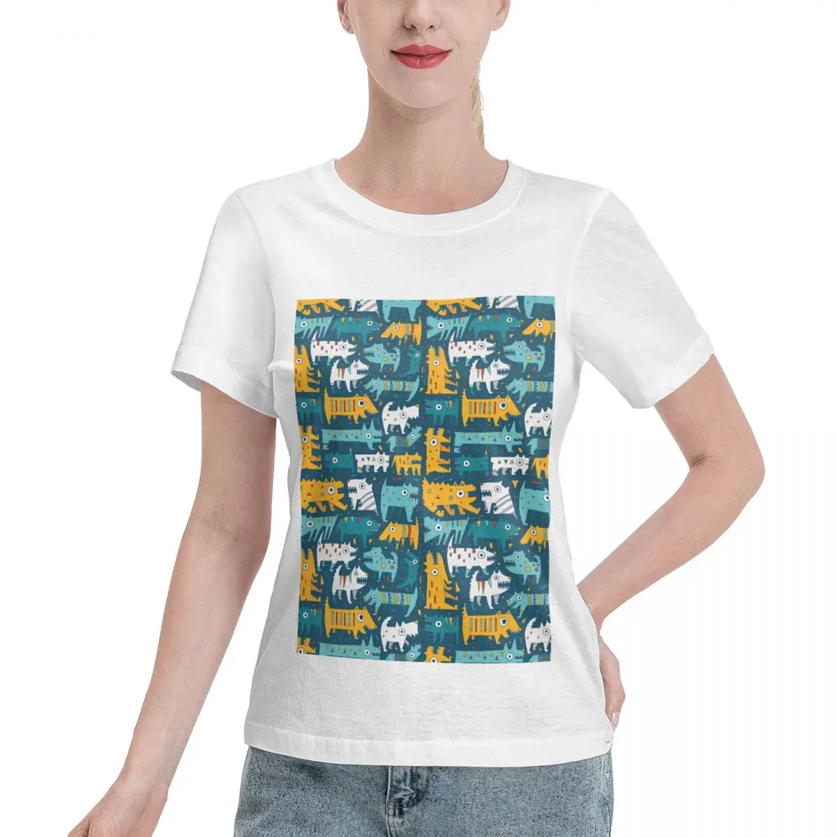 Everyday Essential Funny Cute Colourful Crazy Dogs Women's T-shirt Date Outfit Female Essential Clothing