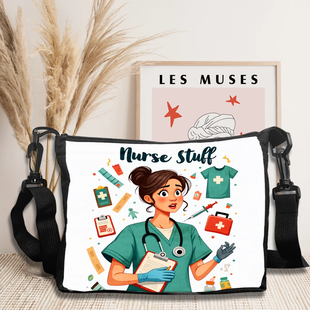 Nurse Stuff Crossbody Bag White Nurse Cartoon Print With Medical Supplies And Text Shoulder Bags For Nurses Healthcare Workers H