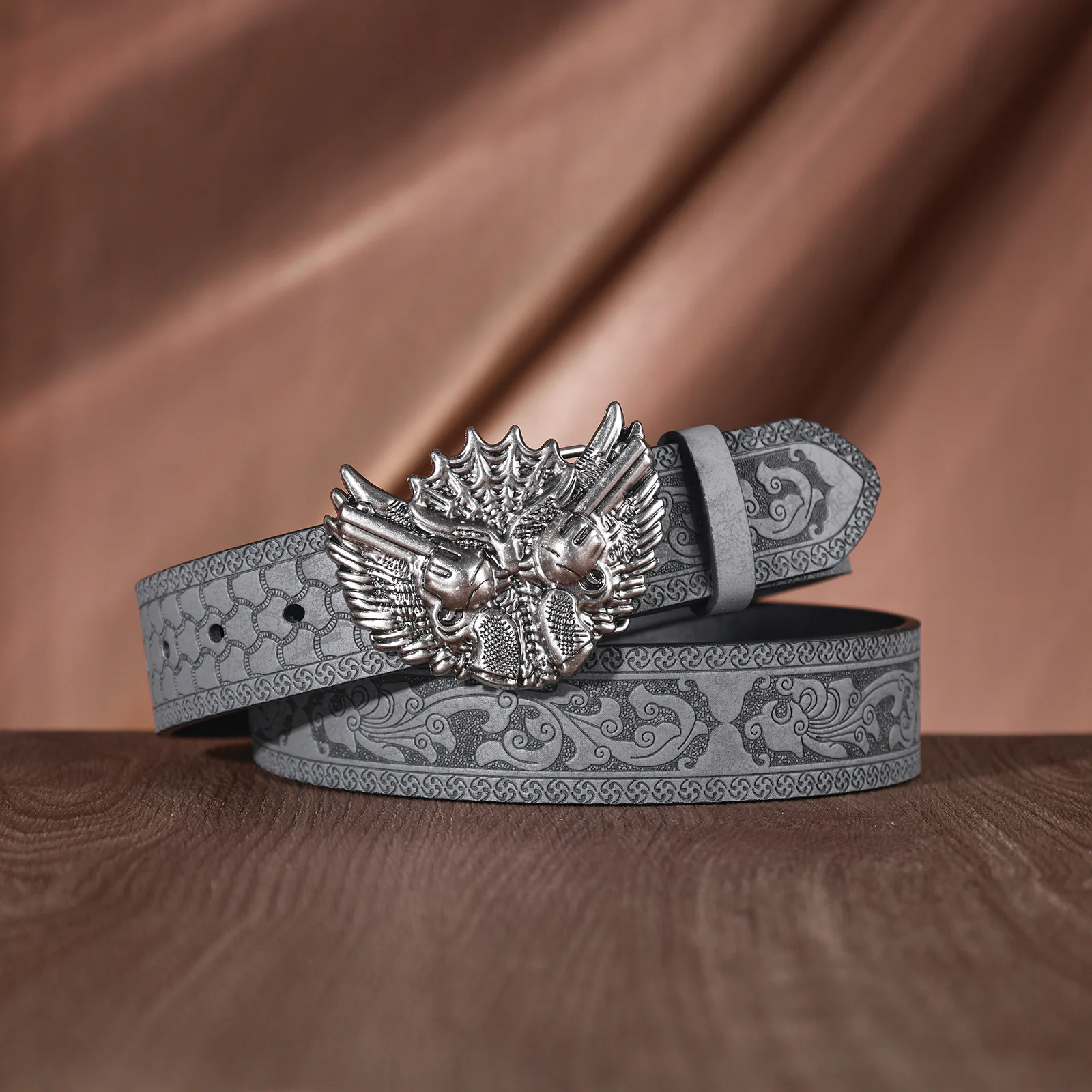Dragon Head Embossed Pattern Leather PU Belt Sculpted Dragon Alloy Hardware Intricate Floral Emboss Craft Flexible Resistant