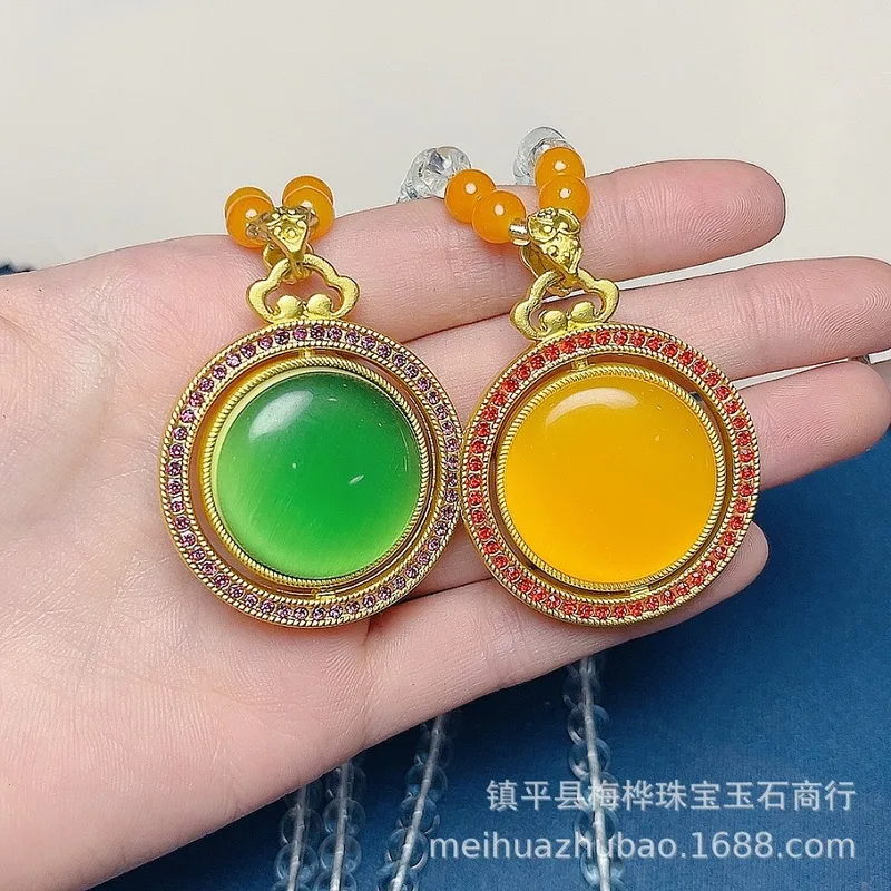 Green Glass Fortune-Turning Pendant With Yellow Wealth God Inlay, Rotatable Maitreya Buddha Necklace Men And Women