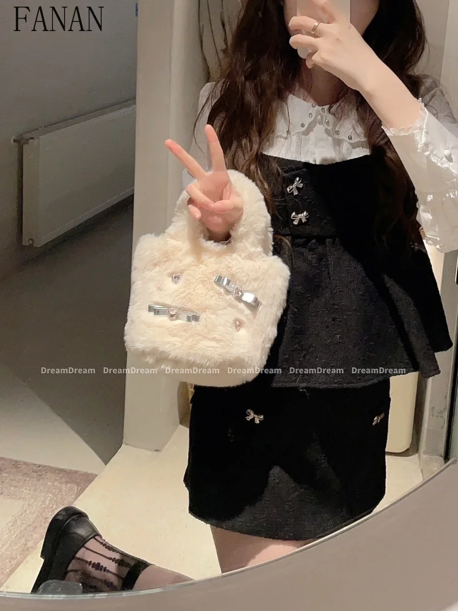 DIY Handwoven Tote Bag Bow Plush Sweet New Women's Handbags Vegetable Basket Finished Product Solid Color Hand Bags Femme