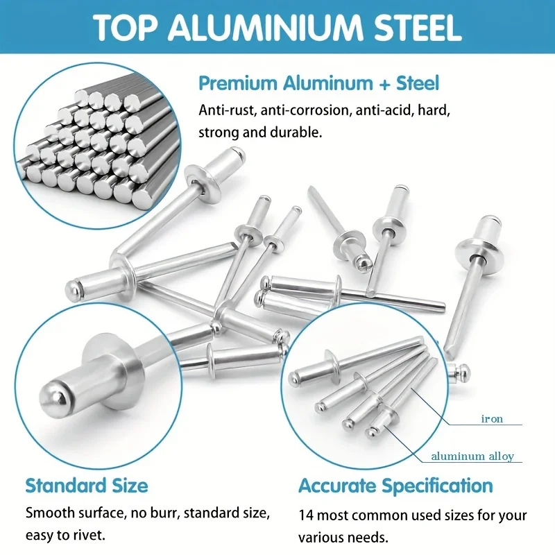 200-Piece Aluminum Blind Rivet Kit – 8 Sizes with Rivet Gun & 4 Drill Bits for DIY, Automotive, and Home Projects 3