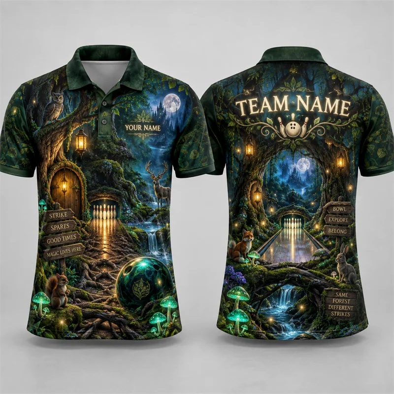Custom Bowling Polo Shirt Personalized Name Team Name Vintage Scenic Print Short Sleeve Jersey League Tournament Sports Uniform