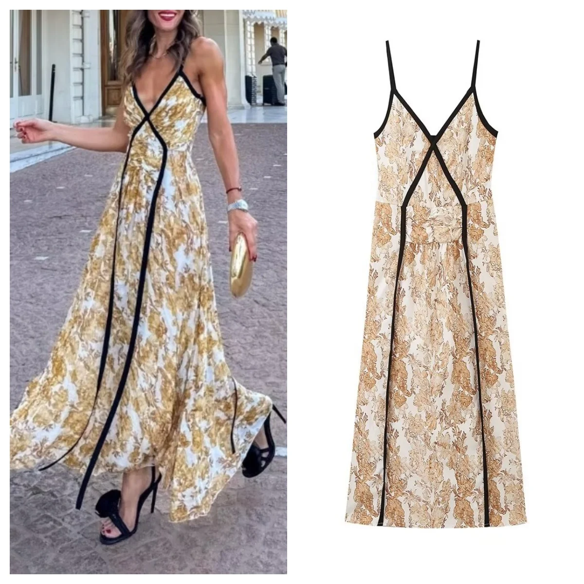 

European and American cross-border 2024 new beautiful sleeveless V-neck sling contrast color printing long casual holiday dress