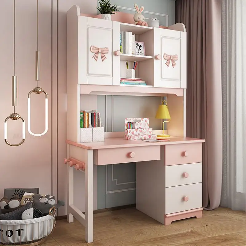 Pink L-Shape Children’s Desk &Chair Set Large Storage Drawers Versatile Computer Table Legs Girl Kids Wood Desk with Bookshelf