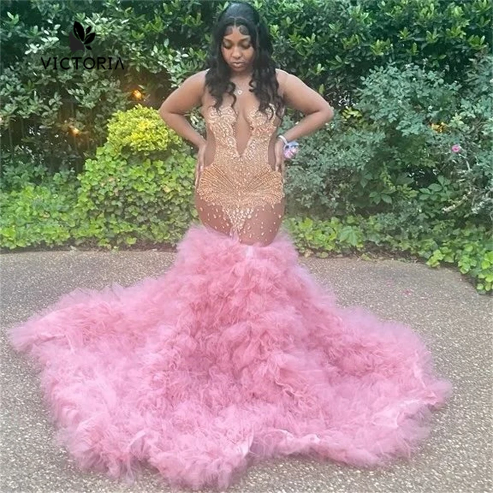 

Lovely Pink Tulle Ruched Train Mermaid Gold Crystals Rhinestone Prom Dress Black Girl African Birthday Party Wedding Guest Gown