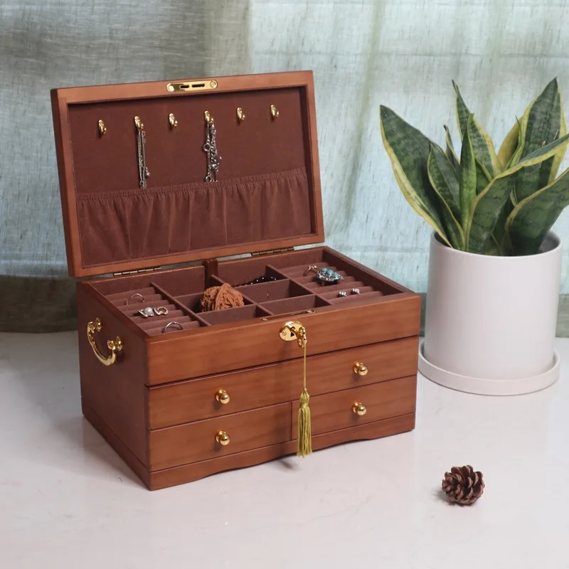 Christmas Gift Smart Organizer 3-Layer Large Wooden Jewelry Box/Cabinet/Armoire with Lock for Women Girls Ring Necklace