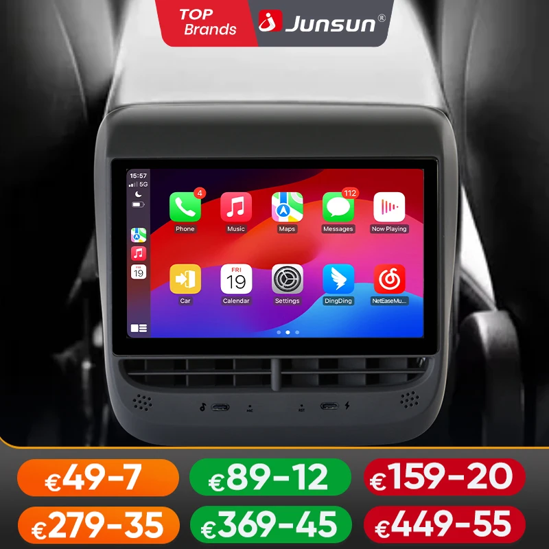 Junsun Android CarPlay Auto Car Radio For Tesla Model 3 2017-2023 Model Y 2019-2024 Rear Entertainment & Climate Control Display