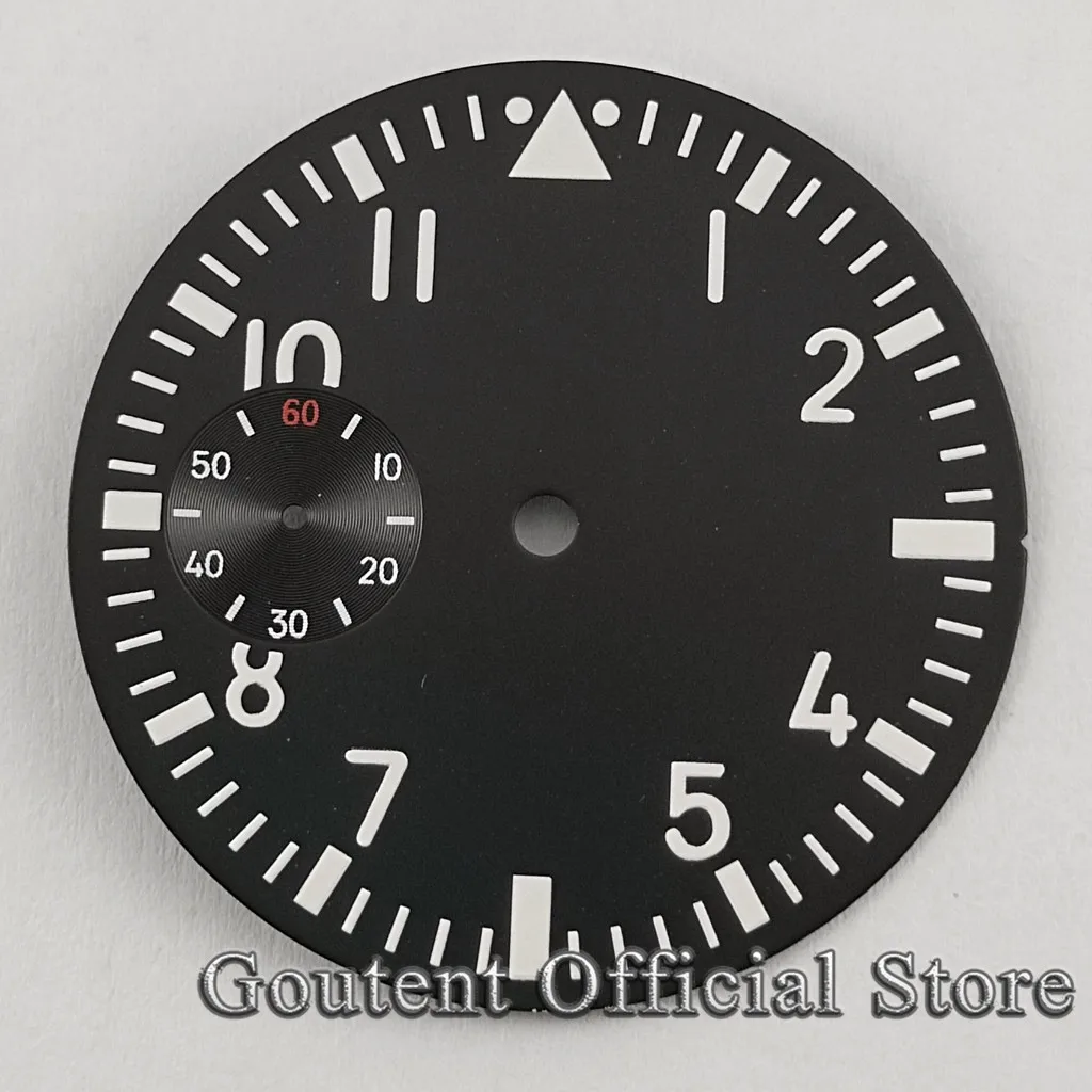 Tarcza zegarka Goutent 38.9mm, czarna, z zieloną luminescencją, pasuje do mechanizmów ETA 6497 lub ST3600.