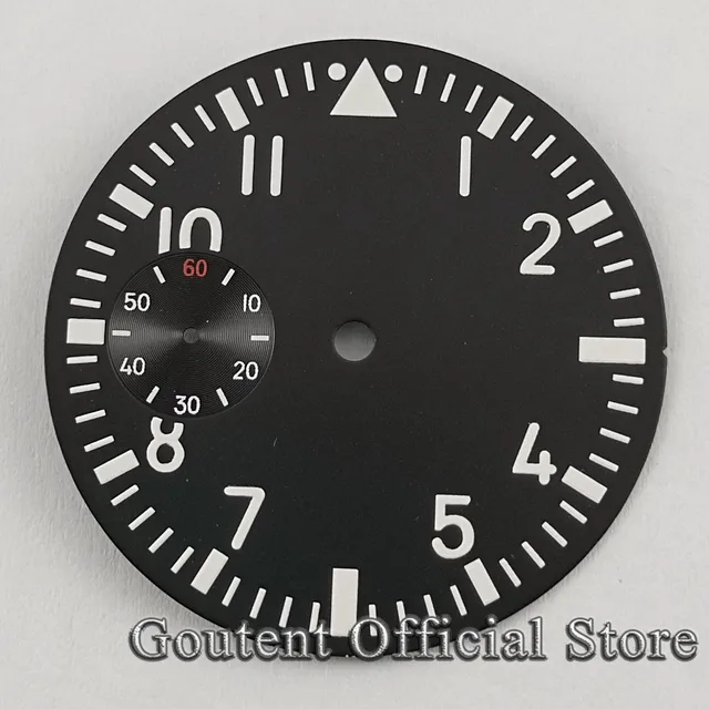 Tarcza zegarka Goutent 38.9mm, czarna, z zieloną luminescencją, pasuje do mechanizmów ETA 6497 lub ST3600.