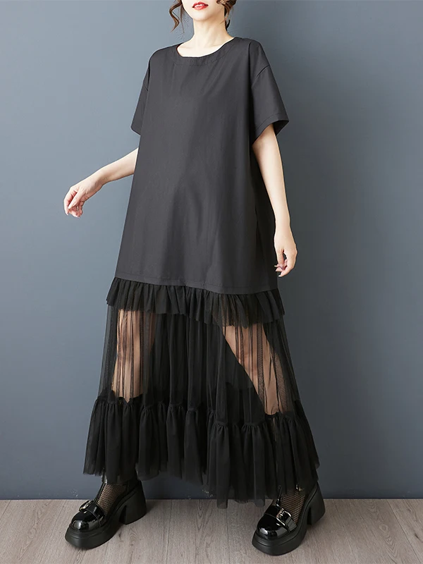 Tannt femmes robe mode maille Patchwork irrégulière t-shirt robes asymétrie noir décontracté longue été t-shirt robes pour les femmes