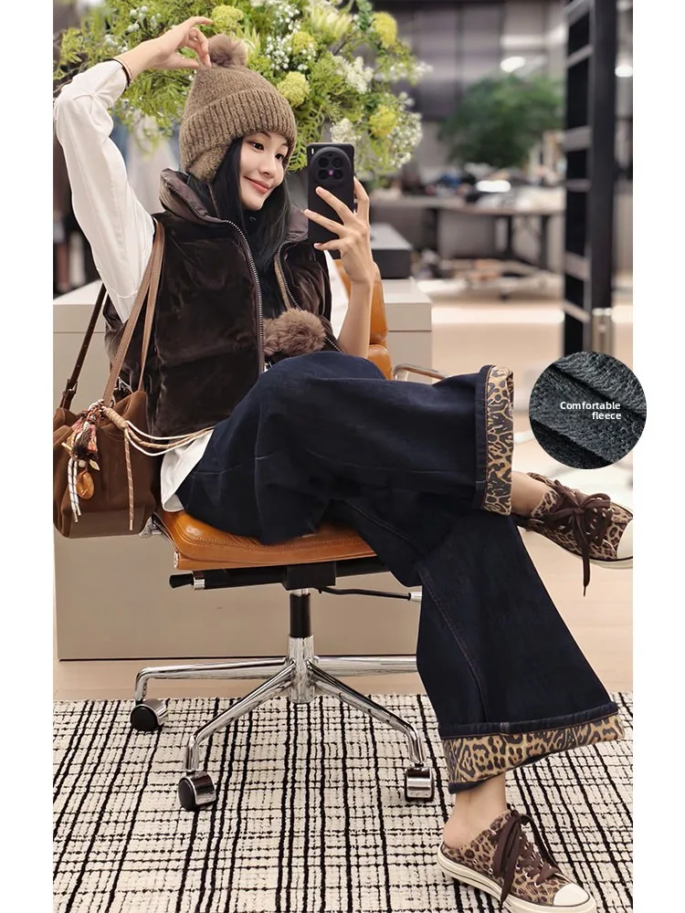 

Удобные широкие джинсовые брюки с высокой талией, тонкие повседневные джинсы с леопардовым принтом, зимний сезон, глубокие цветные джинсы свободного покроя