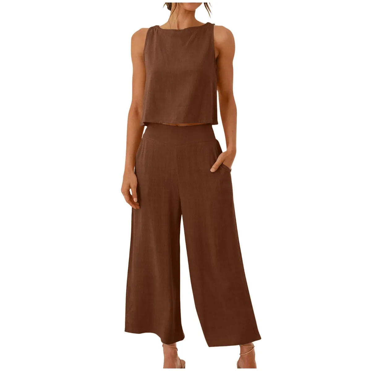 

Women's summer vest solid color cotton and linen sportswear round neck unique and elegant short vest with pockets and pants