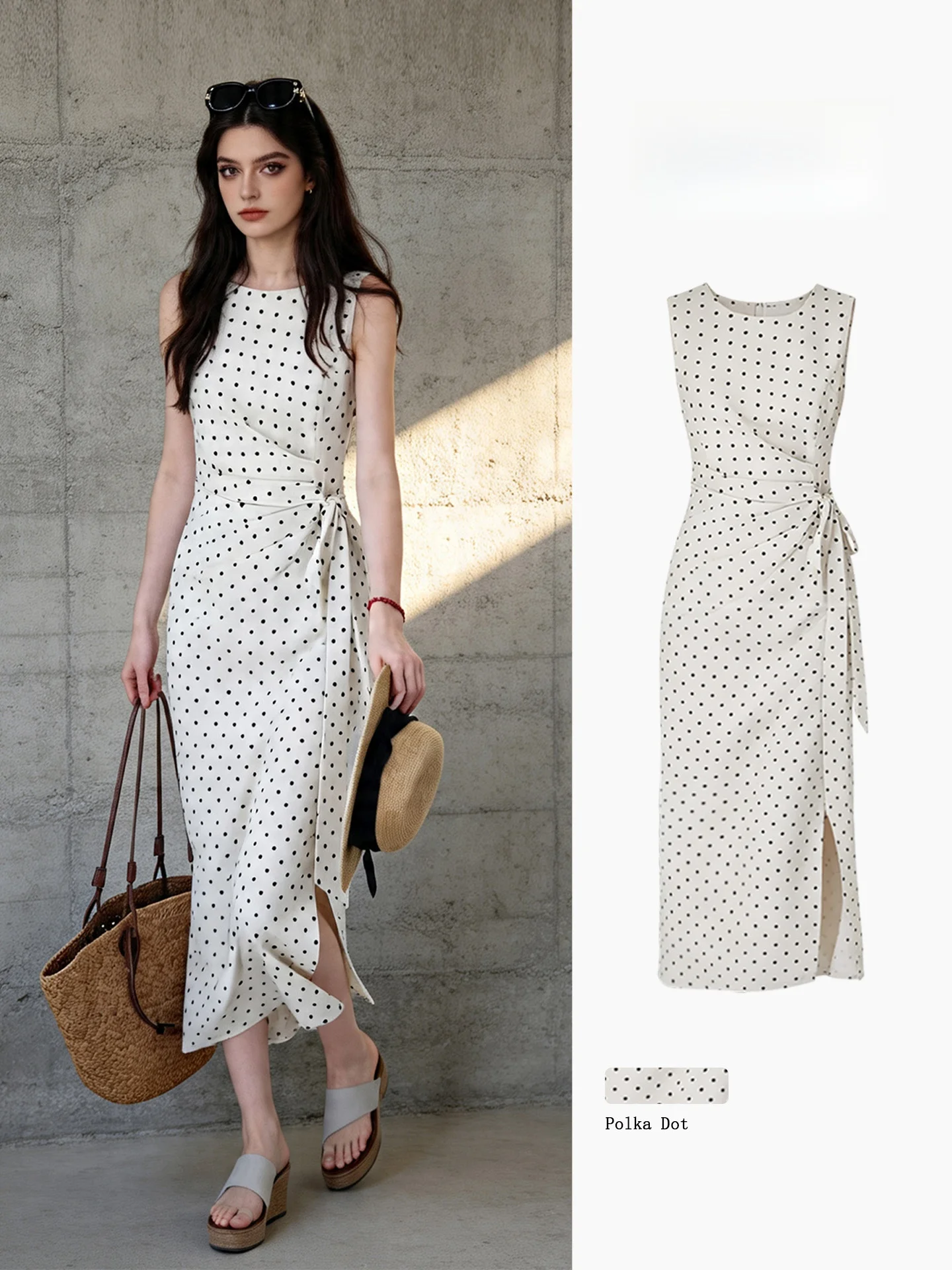 

Summer Polka Dot Sleeveless Dress Women's White Waist Cinched Belted Split High-End Feeling Elegance Midi Skirt French Style