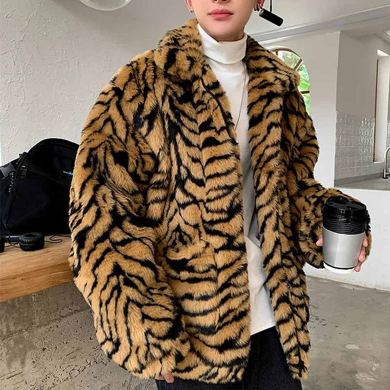 Faux Fur Coat for Men Turn-down Collar Tiger Leopard Imitate Fur Jacket Thick Winter Warm Fluffy Plush Loose Jumper Outwear