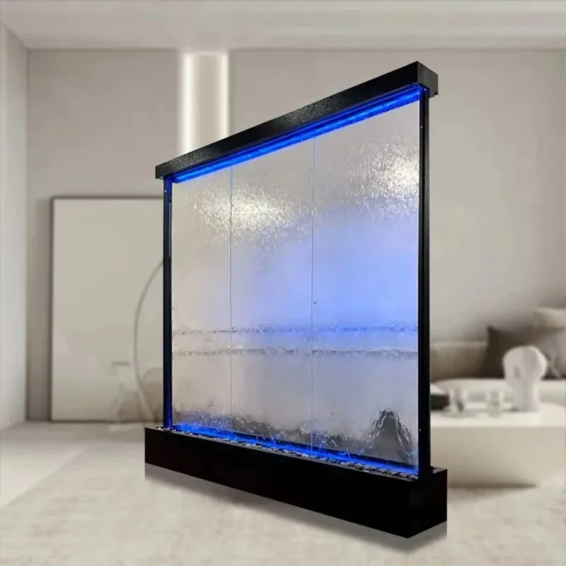 Modern glass waterfall wall with LED removable water wall fountain for use as house waterfall and room divider