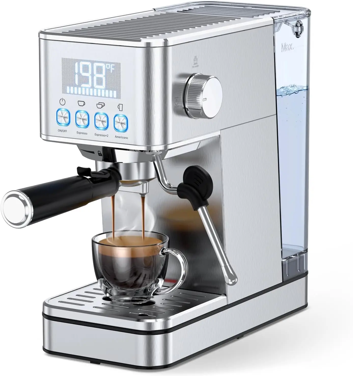 

20Bar Compact Stainless Espresso Machine with Milk Frother, 57.5OZ Tank, Display for Time & Temp, Silver