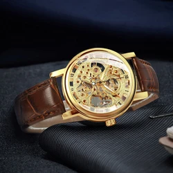 Winner Transparent Skeleton Mens Watches Top Brand Luxury Casual Brown Leather Strap Gold Mechanical Watch Luminous Hands Clock