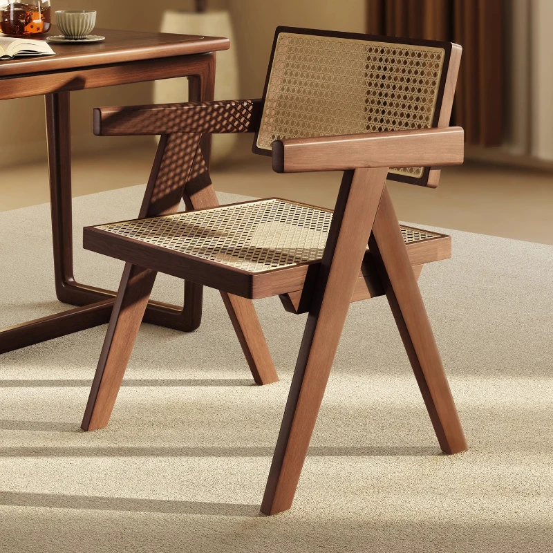 Solid Wood Dining Chair, Chandigarh Style Walnut Frame with Rattan Armrest, Handcrafted Seat, Natural Curved Back for Comfort