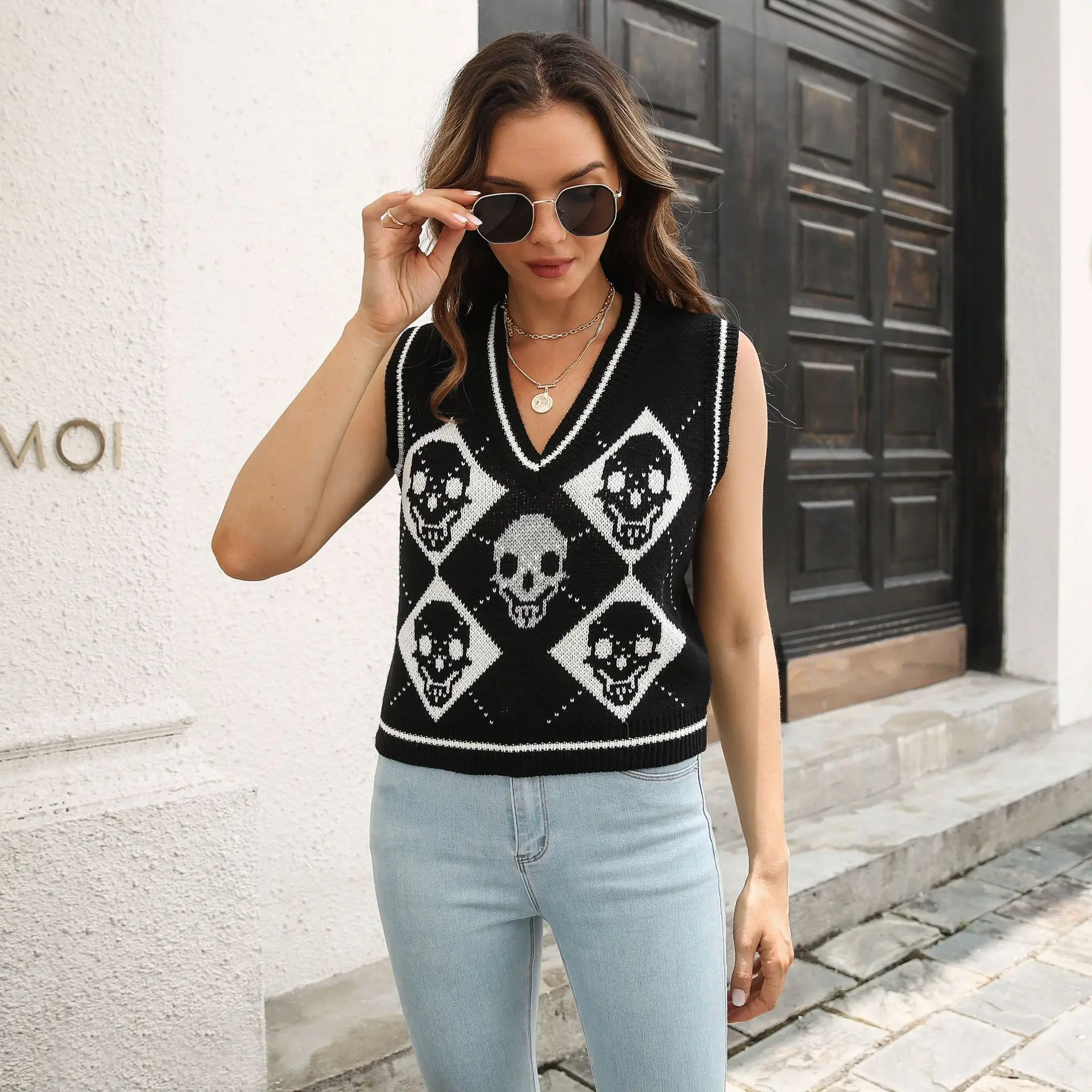 Y2K Halloween teschio jacquard gilet rombico maglione gilet da donna autunno e inverno maglioni europei e americani nuovi