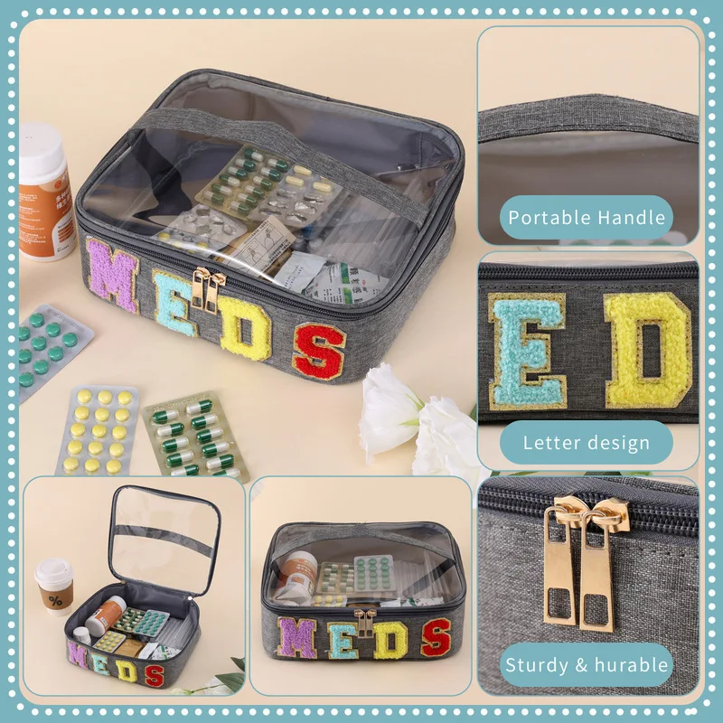 Embroidered Letter Cosmetic Bag Transparent Medicine Box Handbag Large Capacity Storage Bag Toiletry Bag Makeup Organizer
