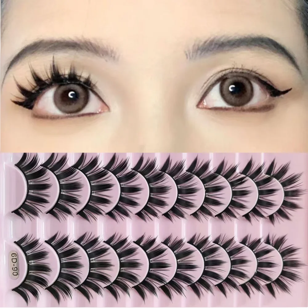 Neues, heiß verkauftes Set mit 10 Paar Cartoon-inspirierten dicken Wimpern, einzelne Cluster mit starrem Band, Naturstreifen, falsche Wimpern