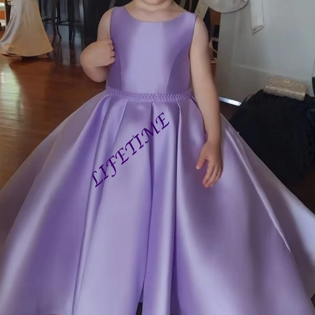 Customized Lovely Quality Satin Flower Girl Dress with Bow Fluffy Wedding Dress Little Girls Princess Birthday Party Gown