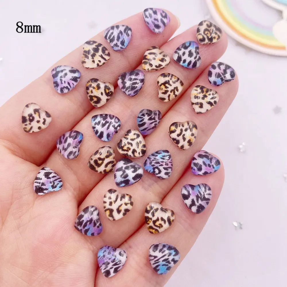 50pcs Resin 8mm Heart Leopard Print Patterns Crystal Gem Flatback Rhinestone Figurine DIY Home Scrapbook Nail Art Craft